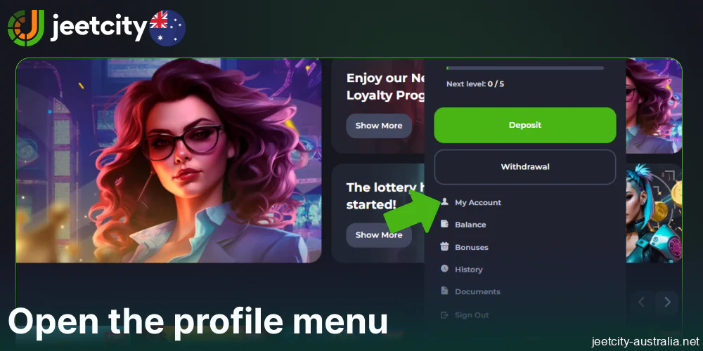 Open the profile menu on Jeetcity